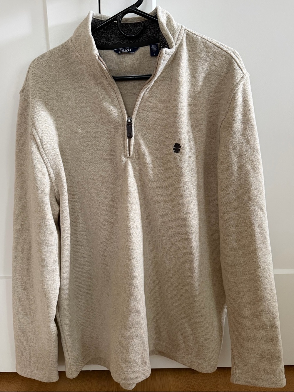 IZOD Mens Large Quarter Zip Fleece Pullover Sweater Oatmeal Heather Beige